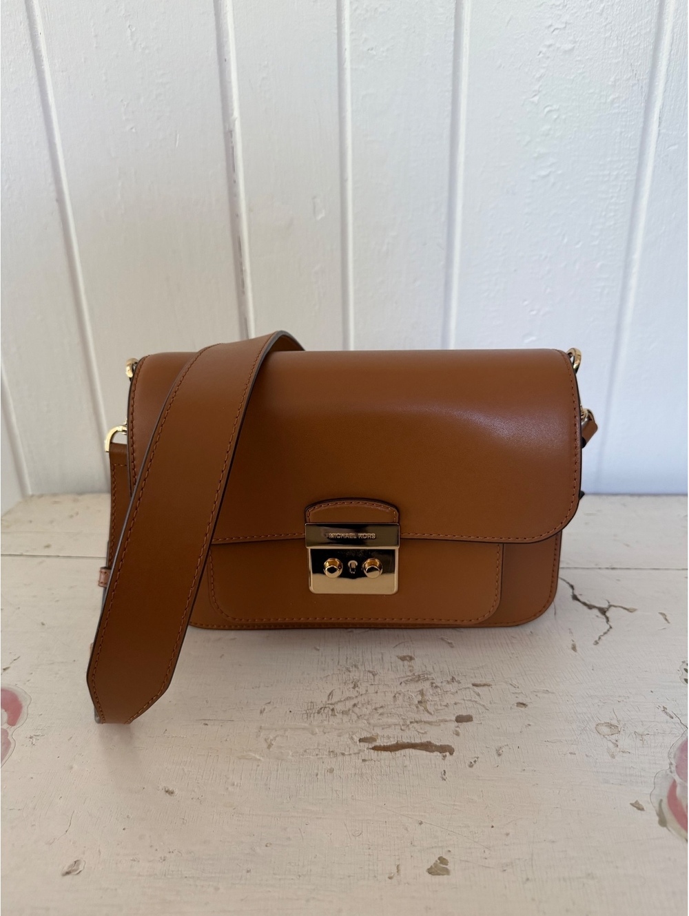 Michael Kors Tan Leather Crossbody Bag with Gold-tone Lock Closure